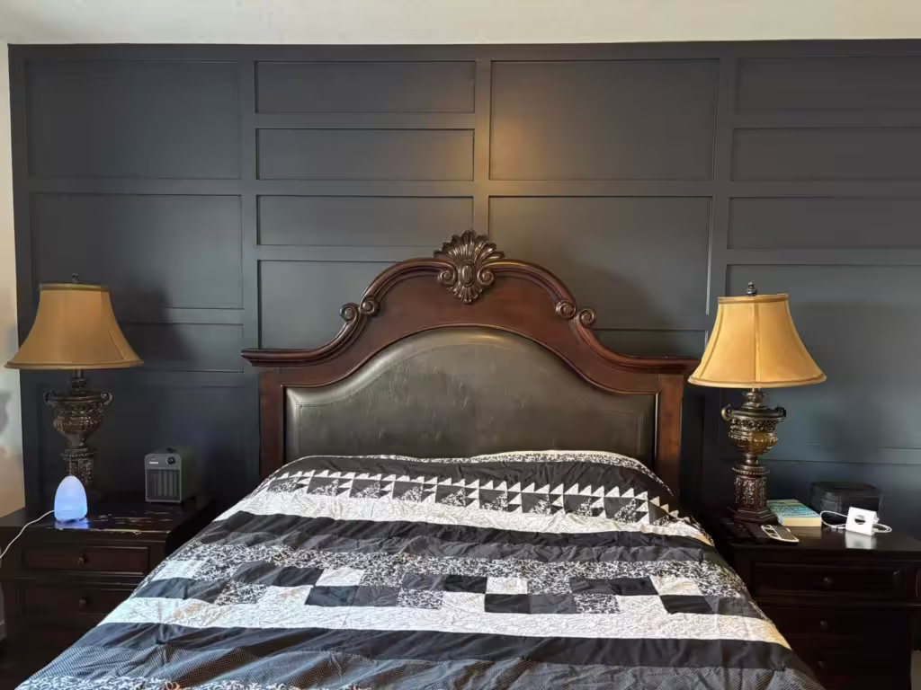 Custom designed Wood Hale navy feature wall in bedroom