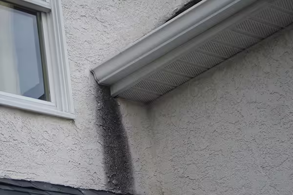 Water staining on stucco exterior caused by moisture drainage issues