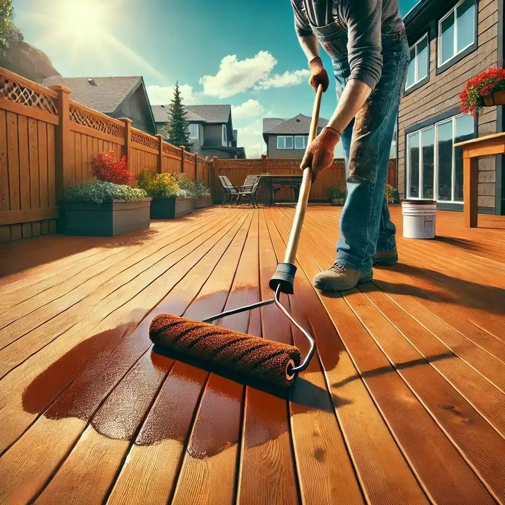 A Calgary homeowner applying a rich brown deck stain with a roller for a smooth and even finish.