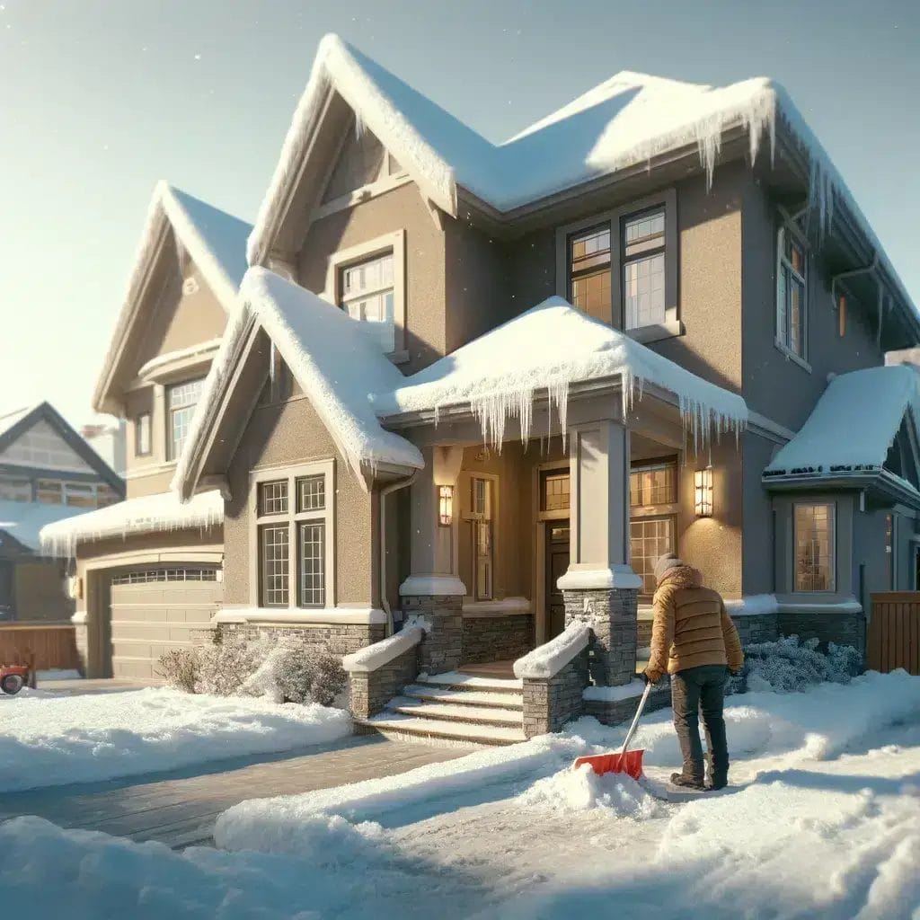 A Calgary stucco home in winter, freshly painted and prepped for cold weather