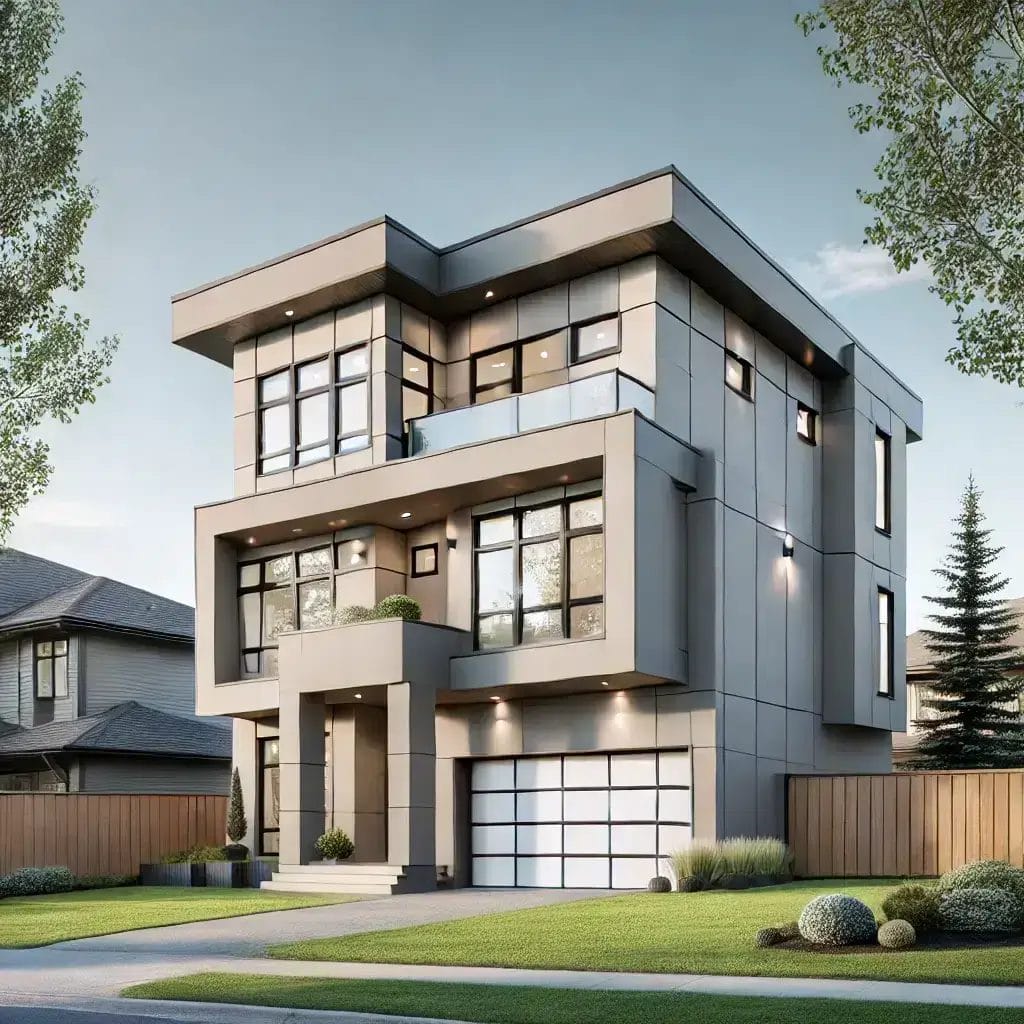 A contemporary home in Calgary painted with Dulux Diamond Exterior in a sleek neutral shade.