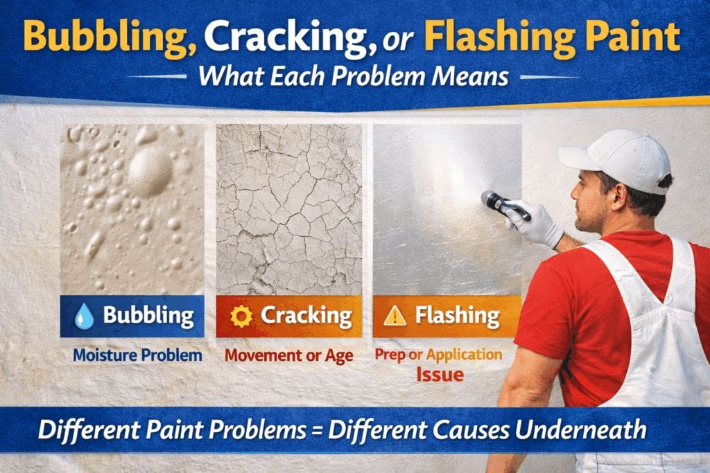 Examples of bubbling, cracking, and flashing paint caused by moisture, movement, and poor preparation