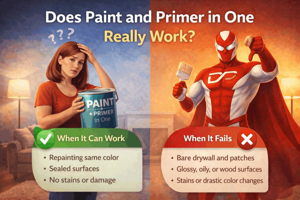 Split image showing when paint and primer in one works versus when it fails, with Captain Dynamic explaining the difference.