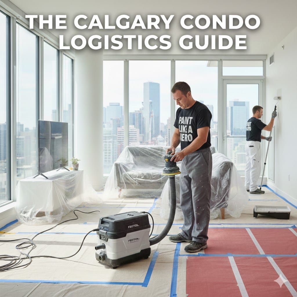 Professional painters using Festool HEPA dust extraction and advanced suppression for a Calgary condo interior modernization.