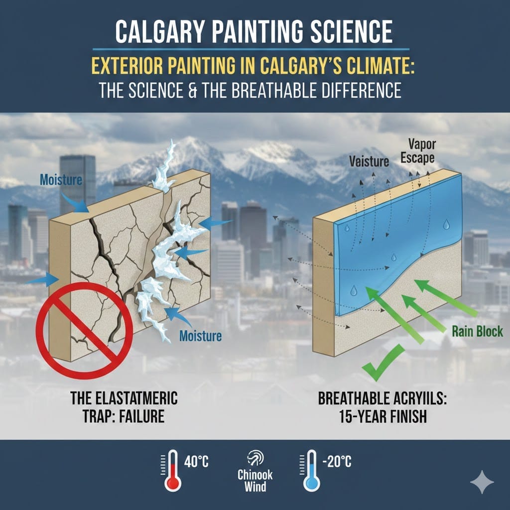 Technical diagram of freeze-thaw stucco failure vs breathable acrylic paint systems on a Calgary home.