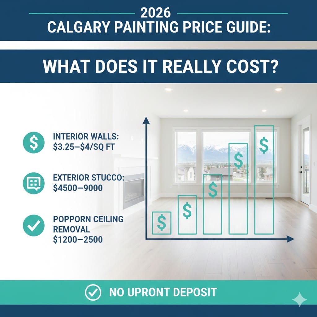 2026 Calgary painting price breakdown chart for interior walls, stucco, and popcorn ceiling removal.