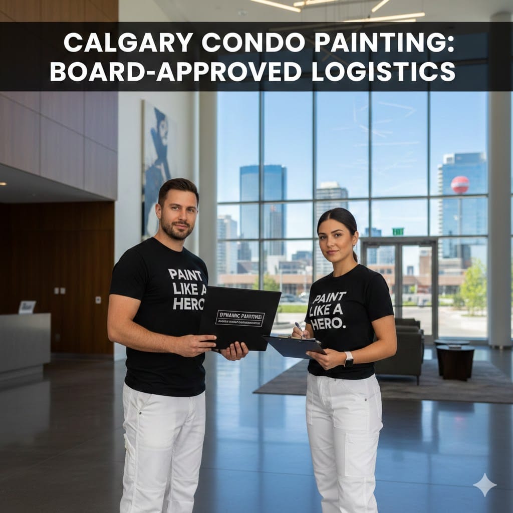 Board-approved painters in Calgary presenting professional condo compliance and high-rise logistics documentation.